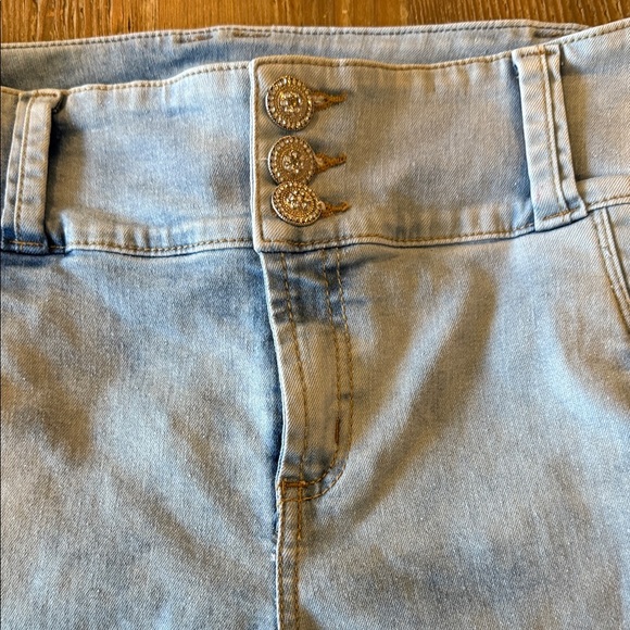 Revel Trendy Light Blue high waisted Skinny Jeans with Distressed bling Accents - Picture 3 of 10
